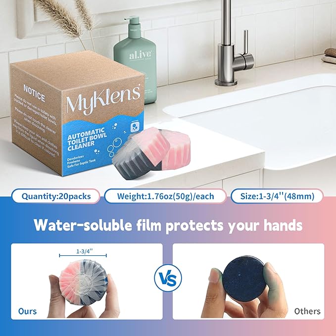 Toilet Bowl Cleaner Tablets, Automatic Toilet Bowl Cleaners, Long-Lasting Toilet Tabs Drop in Tank for Deodorizing & Descaling, Blue & Pink, 20 Packs