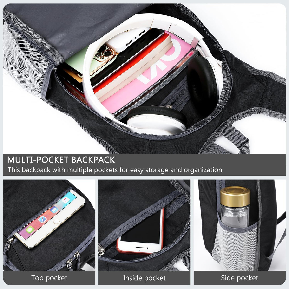 Esup 15L Lightweight Hiking Backpack Foldable Small Travel Backpack Packable Camping Backpack for Women Men (Black)