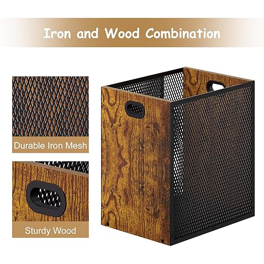 Retro Office Trash Can, Iron and Wood Combination Bedroom Garbage Can, Rectangular Design Wastebasket with Handle, Industrial Style Trash Can for Home Office, 4.5 Gallon (Patent Pending)