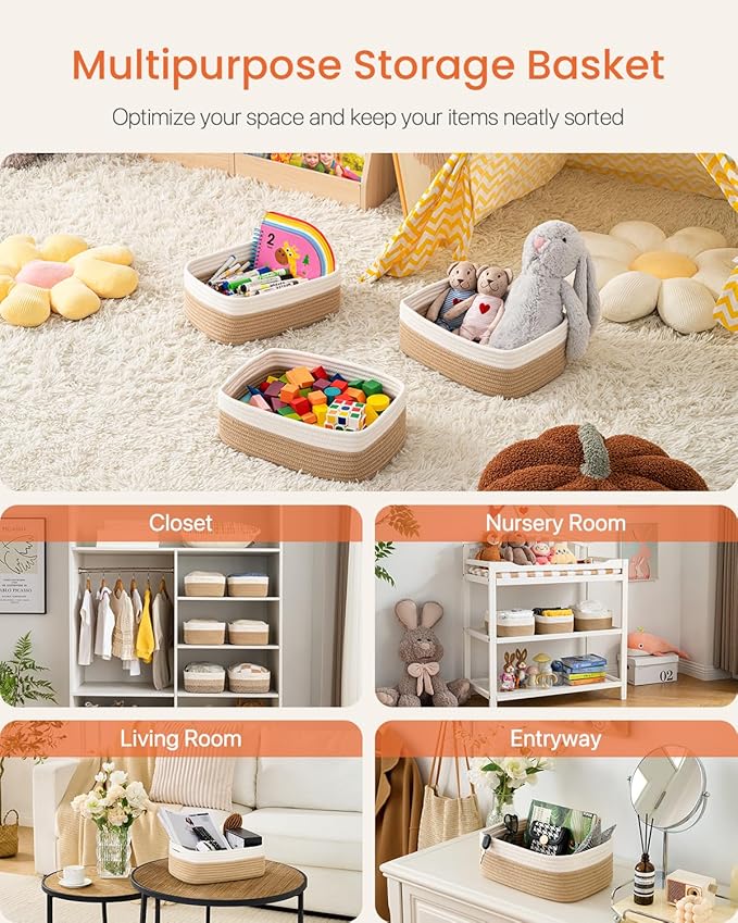 Small Woven Basket, 13.5 x 9.5 x 5 Inches, Storage Basket for Organizing, Cute Small Rope Shelf Closet Cube Storage Bins Baskets for Shelves, Dog Toy Gift Baskets Empty, 3 Pack White & Brown