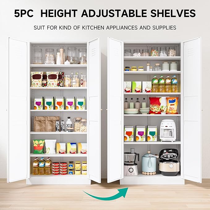 SISESOL White Metal Storage Cabinet,71" Tall Pantry Cabinet,Kitchen Pantry Storage Cabinets with 2 Doors and 6 Shelves,Wide Deep Food Cupboard for Home,Kitchen,Dining/Living Room
