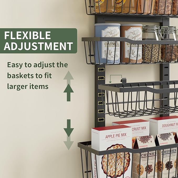 Over The Door Organizer，8-Tier Over The Door Pantry Organizer with Adjustable Baskets，Metal Hanging Pantry Organizers and Storage for Kitchen, Back of Door Seasoning Rack (Black)