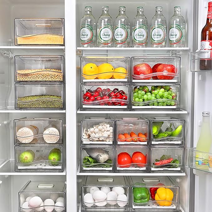 2 Pack Fruit Storage Containers for Fridge with Drain Board, Stackable Refrigerator Organizers and Storage,Reusable Food Storage Containers,Fridge Organizer Drawer for Produce,Fruit,Vegetable,BPA-Free