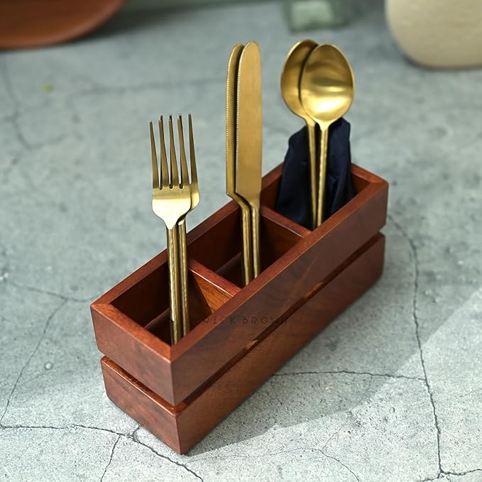 Brick Brown Premium Handcrafted 3-Partition Wooden Cutlery Holder Storage Spoon, Knife, Fork, Chopstick Caddy Self Organizer Stand for Home Kitchen Tableware Restaurant in Mahogany(9.1x3x3.9Inch)