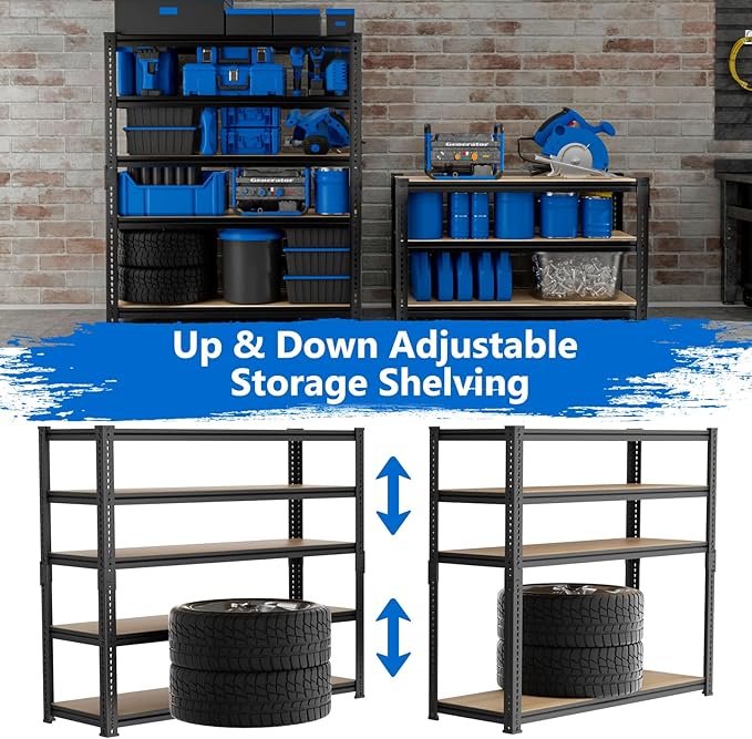 Garage Shelving, 2 PCS Storage Shelves Heavy Duty 2000 LBS Capacity, 5 Tier Adjustable Metal Organizer Wire Rack, 36" L x 18" W x 72" H Utility Shelf Unit for Kitchen Pantry