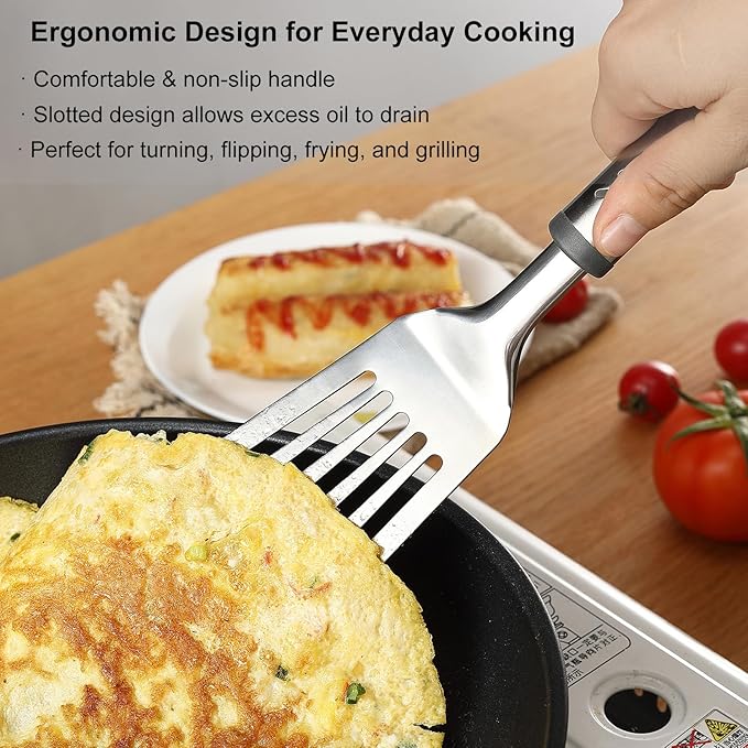Fish Spatula, Stainless Steel Fish Turner Slotted Metal Spatula for Kitchen Use, Flipper Spatulas for Cast Iron Skillet, Egg, Meat, Cooking and Frying, Dishwasher Safe, Comfortable Handle