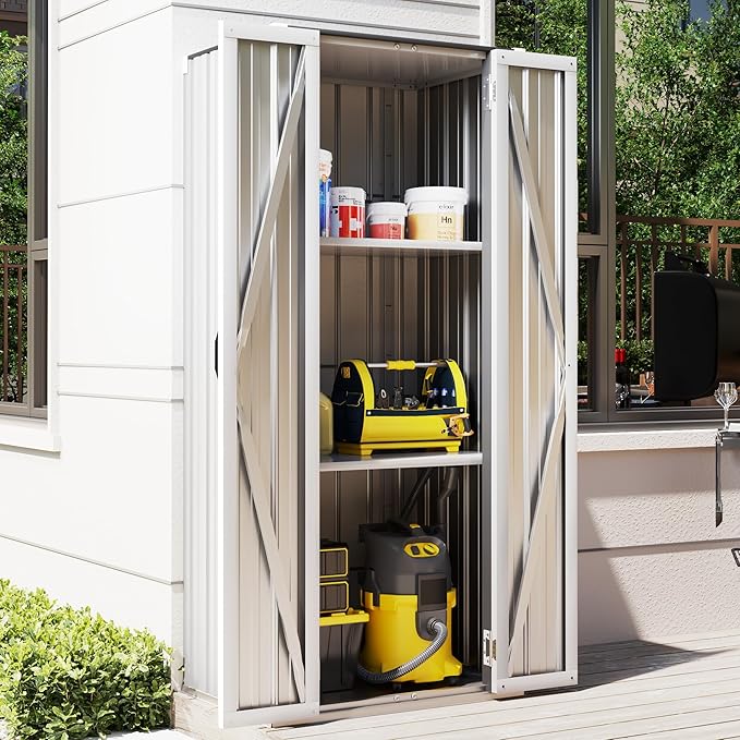 AECOJOY Outdoor Storage Cabinet Waterproof with Shelves, Vertical Tall Outdoor Cabinet Weatherproof, Garden Sheds & Outdoor Storage Clearance Cabinet Storage for Outside in White