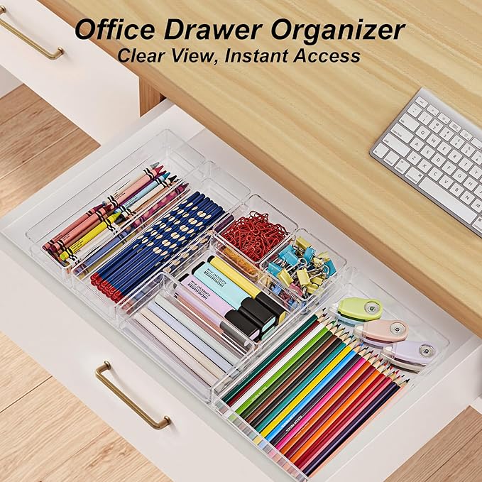 SMARTAKE 25-Piece Drawer Organizer with Non-Slip Silicone Pads, 4-Size Desk Drawer Organizer Trays Storage Tray for Makeup, Jewelries, Utensils in Bedroom Dresser, Office and Kitchen (Clear)