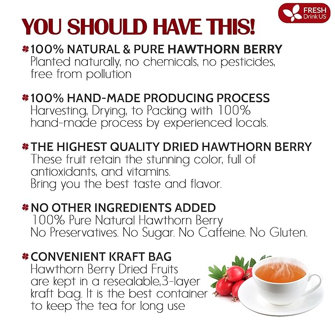 FreshDrinkUS, 16oz Premium Dried Hawthorn Berries – All-Natural, Non-GMO, Perfect for Tea, Smoothies, Baking & Snacking – Healthy, Versatile Superfood