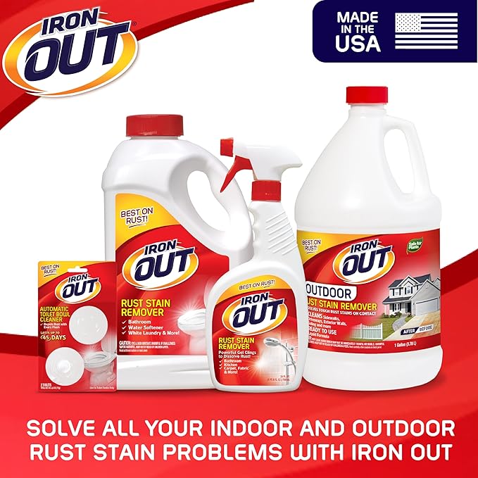 Iron OUT Liquid Rust Stain Remover, Pre-mixed, Quickly Removes Rust Stains from Concrete, Vinyl and Other Outdoor Surfaces, No Scrubbing, Safe to Use, Made in the USA, 1 Gallon