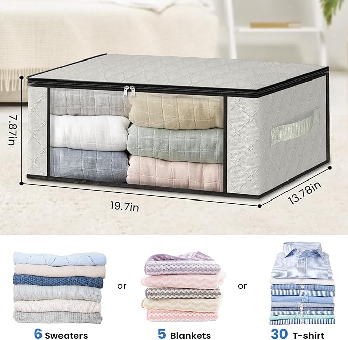 HomeHacks Storage 4-Pack Clothes Organizer Storage Bags Foldable Storage Box with Large Clear Window Sturdy Handles for Closet, Dorm, Pillows, Bedding, Clothes, Blankets, 35L, Ivory