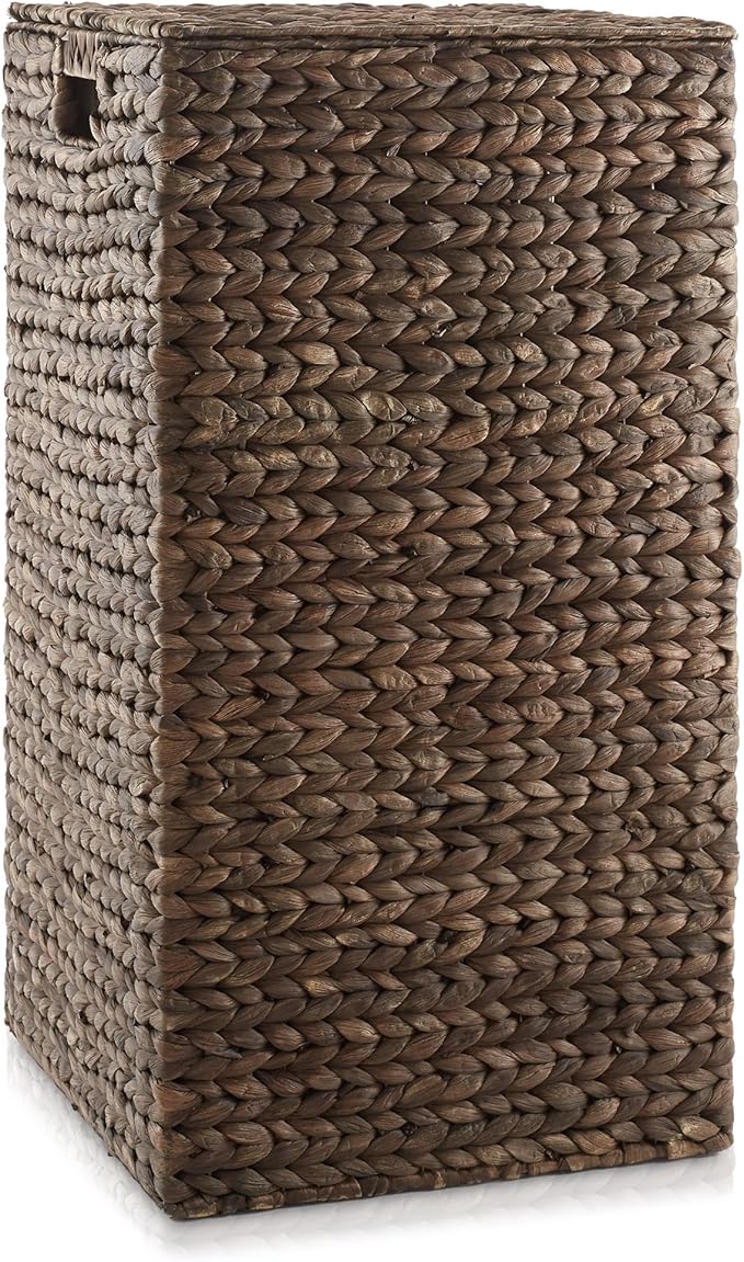 Casafield Laundry Hamper with Lid and Removable Liner Bag - Espresso, Woven Water Hyacinth Square Laundry Basket Sorter for Clothes and Towels
