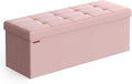 SONGMICS MAZIE Collection - 43 Inches Folding Storage Ottoman Bench, Ottoman Foot Rest, End of Bed Bench, Storage Chest, Load 660 lb, for Living Room, Bedroom, Entryway, Jelly Pink ULSF077R11