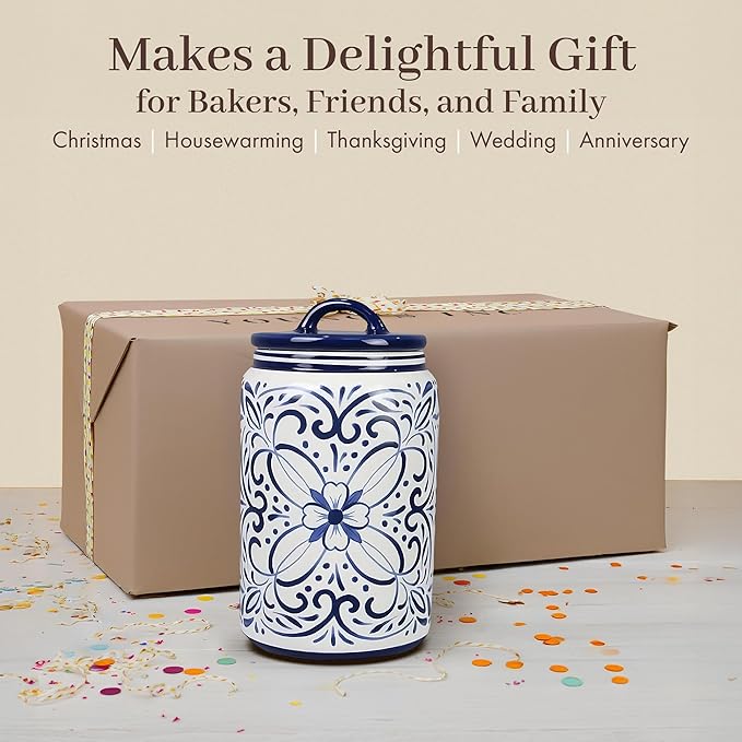 Young's Inc. Ceramic Cookie Jar - Cute Kitchen Counter Storage Canister with Lid - Perfect for Cookies, Coffee, Tea, Candy, Dog Treats, and More - Treat Yourself - White, Brown