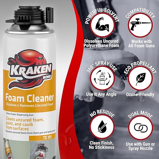 Kraken Bond Spray Foam Gun Cleaner - (2x12.3oz) Polyurethane Insulation Cleaner Spray, Dissolves Uncured Expanding Cleaner Spray for Extended Tool Durability - 2 Pack
