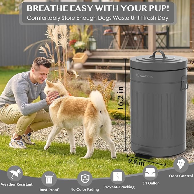 PAWZIDEA Dog Poop Trash Can Outside Odor Control, 3.1Gallon Large Pet Poop Can Outdoor with Lid No Smell, Waterproof Pet Waste Trash Can, Dog Waste Station Step Garbage Can Bin Container Backyard,Grey