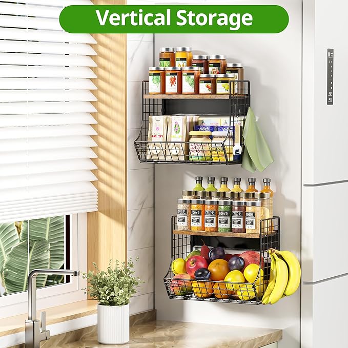 2 Pack Magnetic Shelf for Fridge with Wood Lid, Fruit Potato and Onion Storage Bins, Pantry Organizers and Storage, Strong Magnetic Spice Rack for Refrigerator, Kitchen Counter and Laundry Room