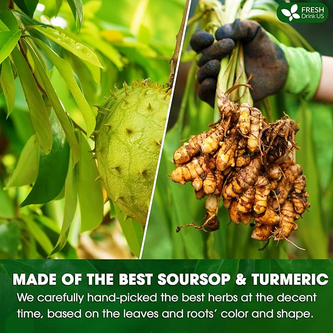 FreshDrinkUS, Premium 25 Tea Bags Soursop Turmeric, 100% Natural, Blend of Soursop Leaves, and Turmeric Root. Made with Natural Material Tea Bags. No Sugar, Vegan.