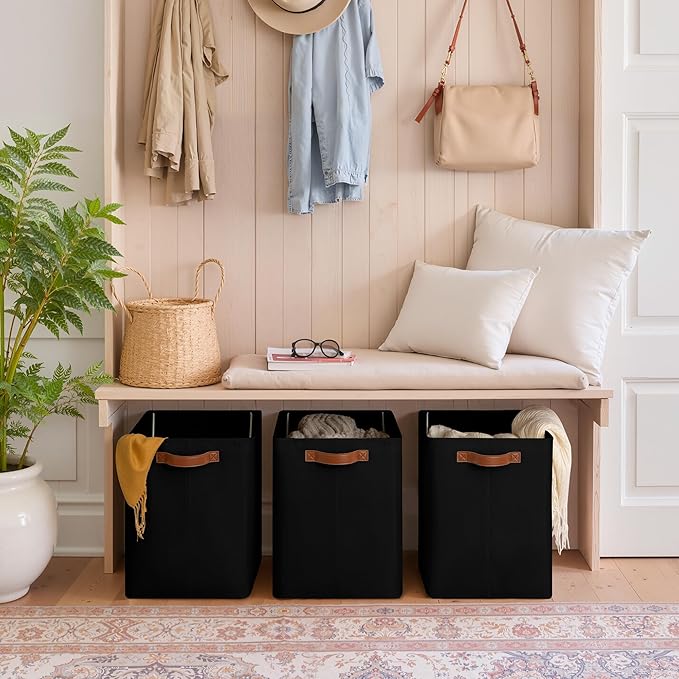 GRANNY SAYS Large Storage Baskets, Closet Storage Bins, Collapsible Storage Bin, Fabric Storage Bins with Metal Frame, Clothes Baskets for Shelves, Towels, Black, 50L, 3-Pack