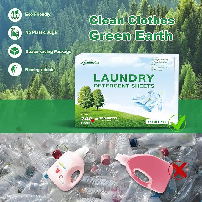 Laundry Detergent Sheet, Eco-Friendly & Hypoallergenic Wash Strips, Natural Ingredients, Ultra-Concentrated, Travel-Ready, No Plastic Jug- Fresh Scent, (240 Loads) 120 Sheets