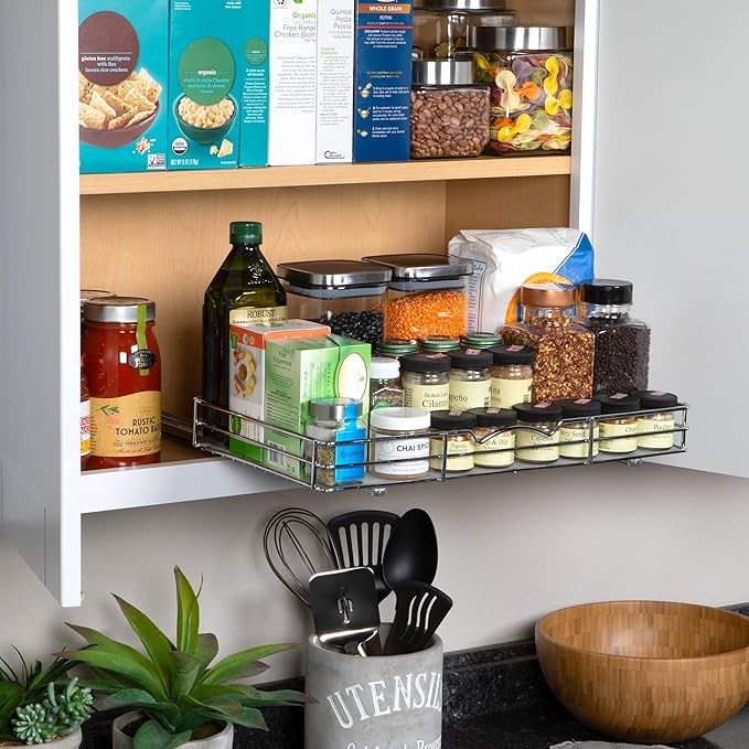 Pull Out Cabinet Organizer for Spices, Cans - Heavy Duty with Lifetime Limited Warranty- Pull Out Spice Rack- Cabinet Pull Out Shelf for Cans,Dishes, Etc, 18-3/8"Wx 10-1/2"D x 2-3/4” H, Chrome