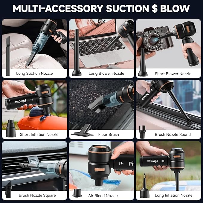 Handheld Vacuum Cordless, Car Vacuum Cleaner with Brushless Motor, Strong Suction Vacuum & Compressed Air Dusters with LED Light, Wireless Mini Portable Hand Vacuum Blower for Home, Pet (Black)