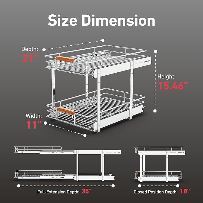Pull Out Cabinet Organizer(11" W x 21" D), 2 Tier Wire Basket Slide Out Shelf Storage with Wood Handle, Pull Shelf Drawers for 12-1/4” Cabinet Opening, Chrome