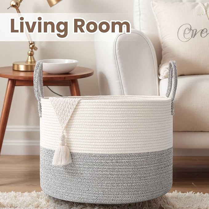 Woven Blanket Basket,115L Large Rope Storage Bin with Handles, Organizer for Blankets Toys Book and Clothes, Laundry Basket for Living Room Bedroom Nursery,White&Grey