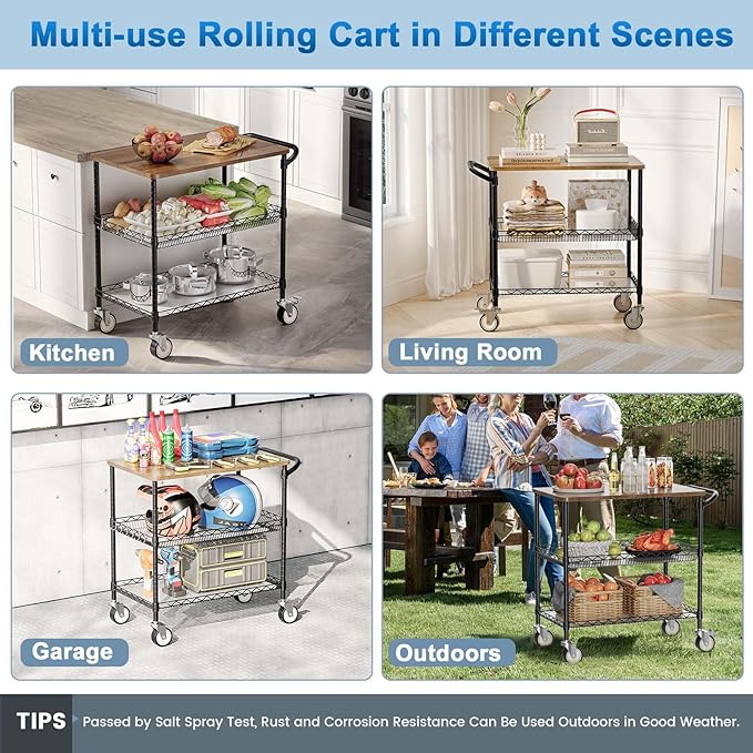 Leteuke Rolling Kitchen Carts with Wheels, 34" L x 17.5" W, 3-Tier Heavy Duty Utility Cart with Wood Tabletop, NSF Commercial Metal Serving Cart with Handle and Shelf Liner for Kitchen, Black