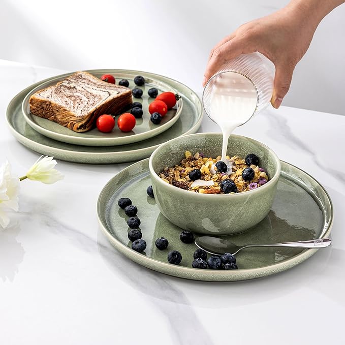 AmorArc Stoneware Dinnerware Sets for 4,Round Reactive Glaze Ceramic Plates and Bowls Set,Highly Scrath Resistant | Dishwasher & Microwave Safe Dishes Set,Service for 4 (12pc)