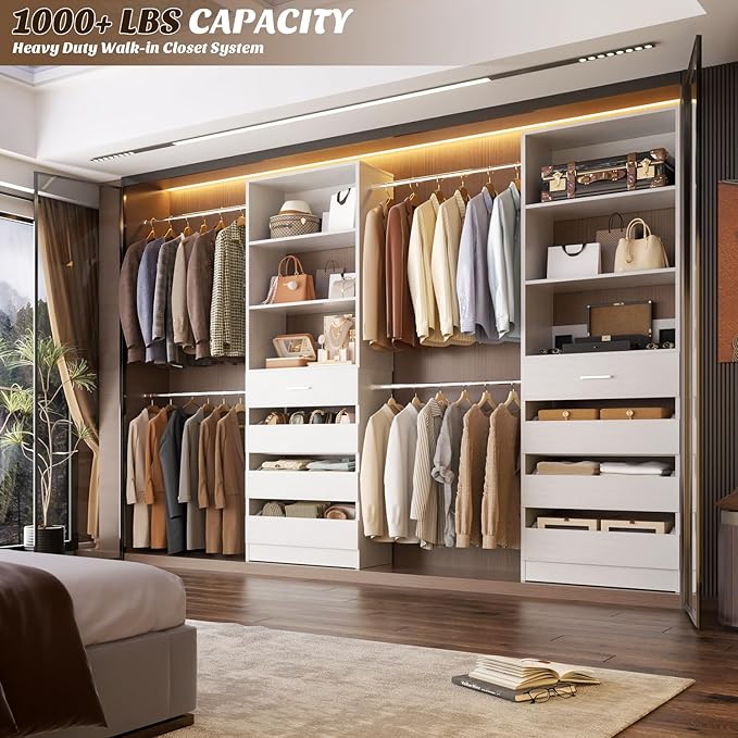 Aheaplus Closet System, 4-9Ft Closet Organizer with 4 Wooden Drawers, Wood Closet Organizer System with Tower, Walk-in Closet Organizer Wardrobe Clothes Rack with 4 Hanging Rods, Garment Rack, White