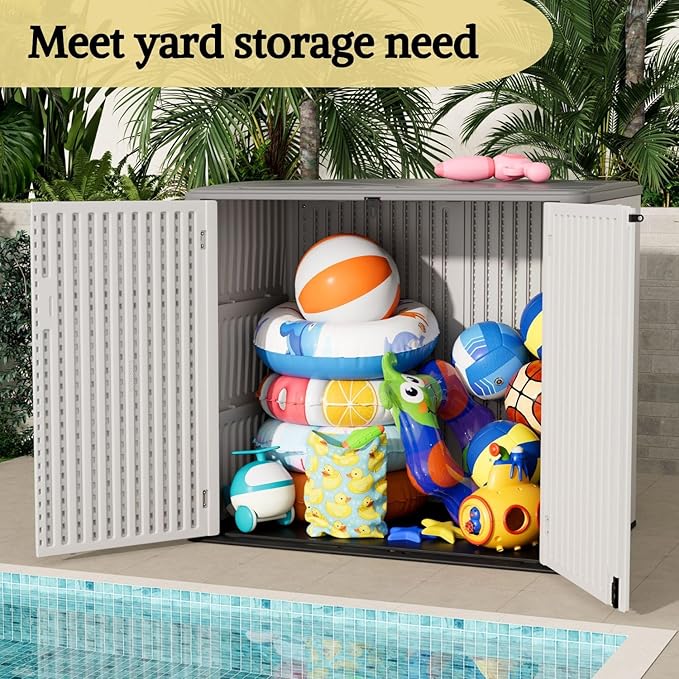 ZZM Large Outdoor Storage Shed, 48 Cu Ft Resin Versatile Storage Cabinet for Patio Accessories, Trash Cans & Garden Tools, Durable Horizontal Storage Box with Lockable Lid (White)