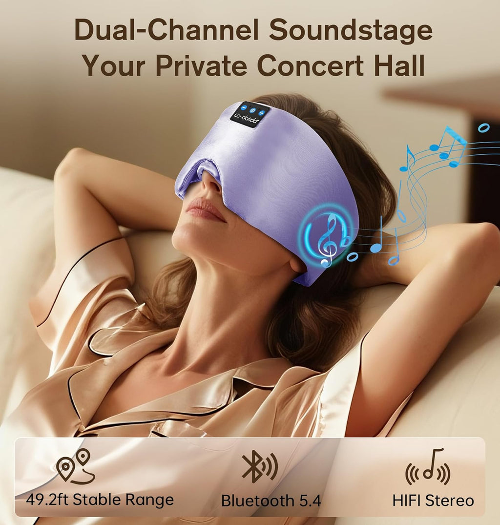 LC-dolida Luxurious Silk Soft Sleep Mask, Sleep Headphones with Bluetooth 5.4 for Side Sleeper, Total Blackout Eye Sleeping Mask for Women and Men, Ideal Gift for Restful Sleep, Travel(Light Purple)