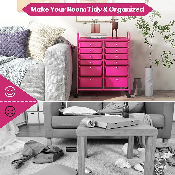 GOFLAME 12-Drawer Rolling Storage Cart, Multipurpose Organizer Cart with 2 Sizes Plastic Drawers, Mobile Utility Cart with Lockable Casters for School, Home Office, Beauty Salon, Hot Pink