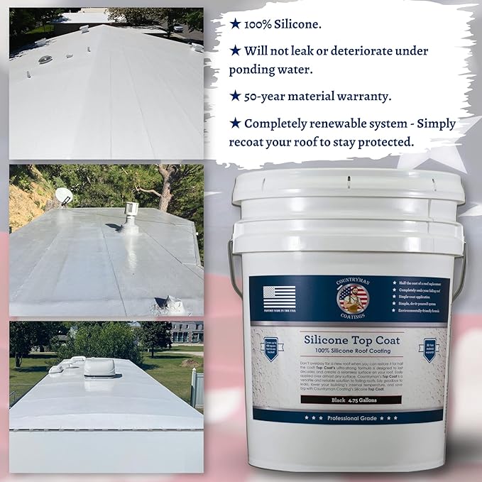 Countryman Coatings 100% Silicone Roof Coating - Restore Your Roof in a Day - Seal Leaks, Cracks, Seams, Penetrations - Adheres to All Surfaces (4.75 Gallon, Black)