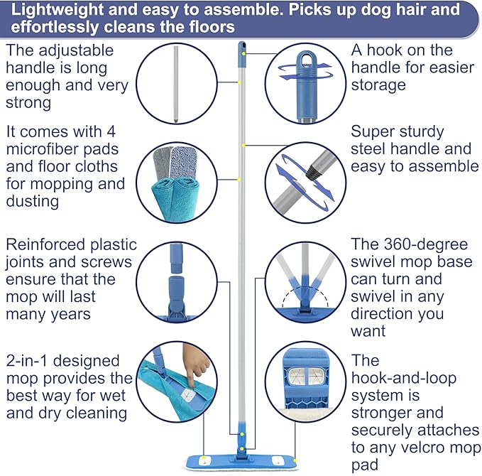 Microfiber Mops for Floor Cleaning, Multi Surface Floor Cleaner with 2 Microfiber Dry Wet Mop Pads + 2 Dusting Clothes for Sweeping and Mopping