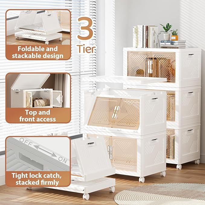 Storage Bins with Lid 76QT, Stackable Storage Containers with Wheels and Magnetic Doors, Plastic Clothes Closet Organizers and Storage Box for Pantry, Home and Office (3 Pack)
