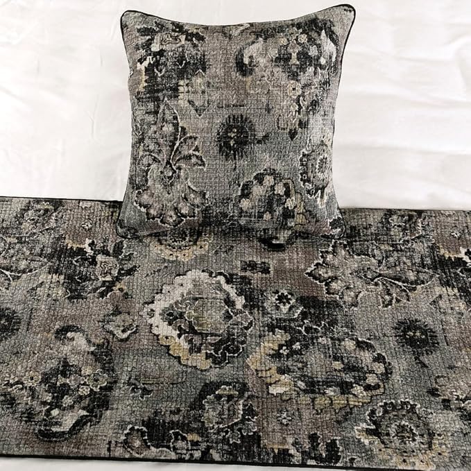 The HomeCentric Decorative Black & Grey Twin 53 x 18 inch Bed Runner Without Pillow Cover, Velvet Damask with Tassels Bed Scarf, Abstract Modern - Paved Damask
