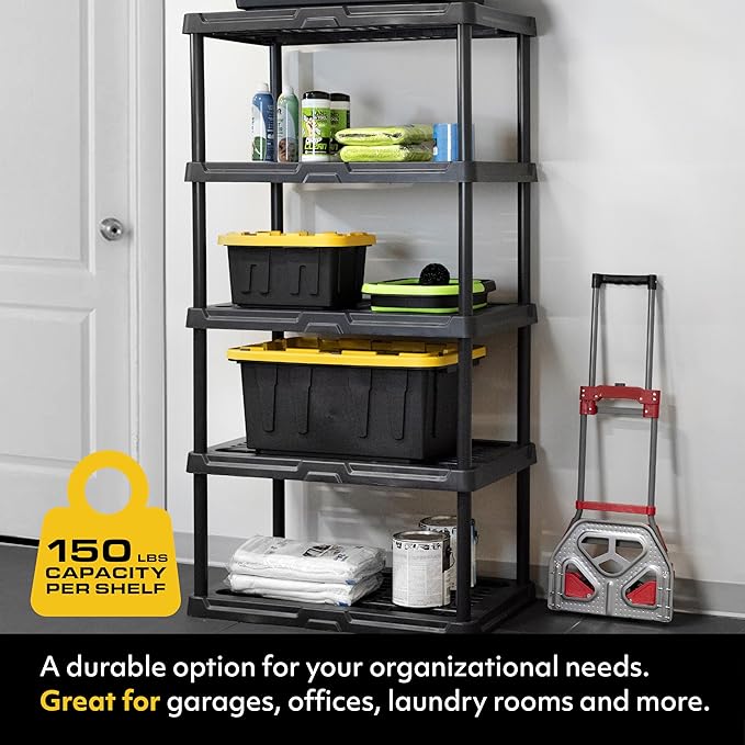 CX 5-Tier (72”H x 36”W x 18”D) Plastic Storage Shelving Unit (Black), Heavy Duty, 150lbs Per Shelf Capacity, Indoor/Outdoor Storage and Organization in Home, Garage, Office with Easy Assembly