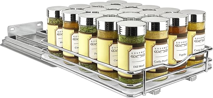 LYNK PROFESSIONAL® Pull Out Spice Rack Organizer for Inside Kitchen Cabinets - 8-1/4 inch Wide - Slide Out Drawer – Chrome Sliding Spice Cabinet Organization Shelf Racks - 1 Tier