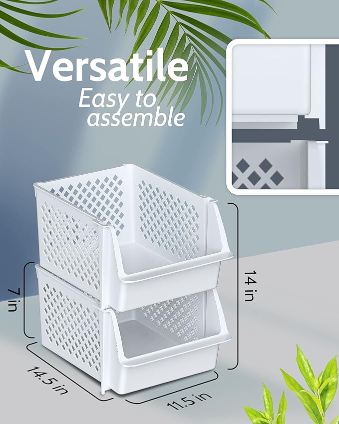 TidyFriend Plastic Stackable Storage Bins for Pantry, 2-Pack Stackable Bins for organizing food, kitchen, and bathroom essentials (White)