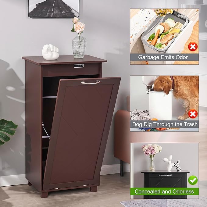 VECELO Tilt Out Kitchen Trash Bin Cabinet, Dog Proof Garbage Can with Wood Holder Free Standing Recycling, Brown