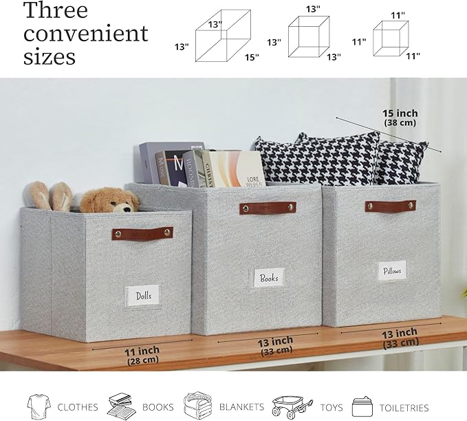 DECOMOMO Storage Baskets, 13x15x13 Storage Cube Bins with Labels for Organizing Shelves (Kallax / 4pcs, Light Grey)
