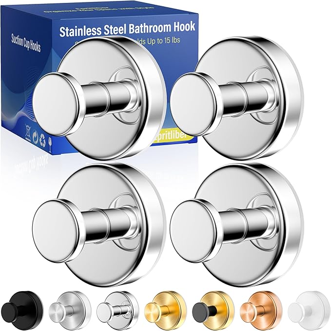 Suction Cup Hooks for Shower,Removable No Drill Towel Hooks,Upgraded 15 lbs Strong Suction hooks for Bathroom Tile,Shower Wall,Glass Door,Kitchen-Loofah,Coat,Stainless Waterproof-Chrome 4 Pcs