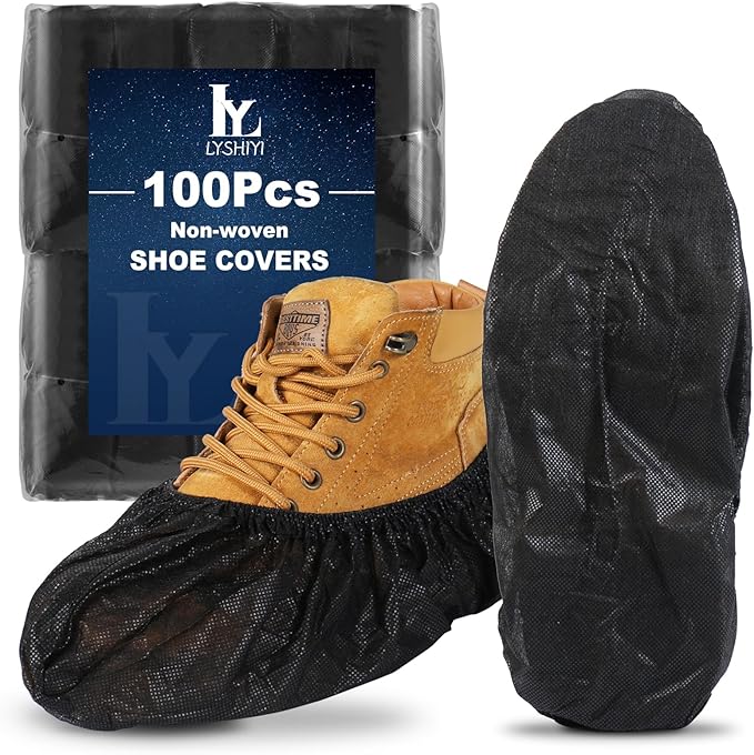 100Pcs Shoe Covers Disposable Non Slip, Large Size Non-Woven Boot Covers, Breathable and Durable, Fits US Men 6-14 Size, Reusable Slip-Resistant Booties for Indoors (Black)