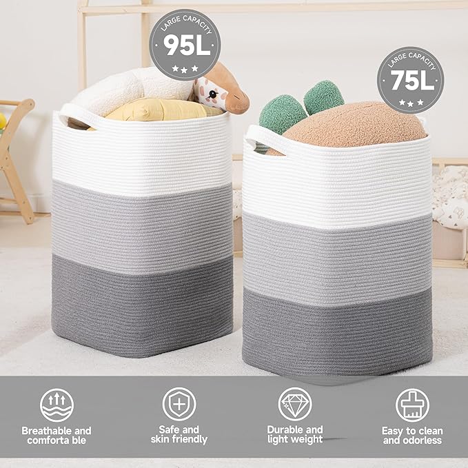 CLHMILY&Z 95L Laundry Basket Rectangular Grey Rope - 16x15x24 Inches - Dirty Clothes and Soft Storage Bin for Blankets, Toys, and Nursery Essentials