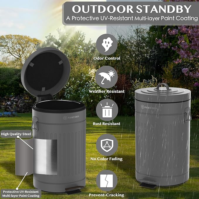 PAWZIDEA Dog Poop Trash Can Outside Odor Control, 3.1Gallon Large Pet Poop Can Outdoor with Lid No Smell, Waterproof Pet Waste Trash Can, Dog Waste Station Step Garbage Can Bin Container Backyard,Grey