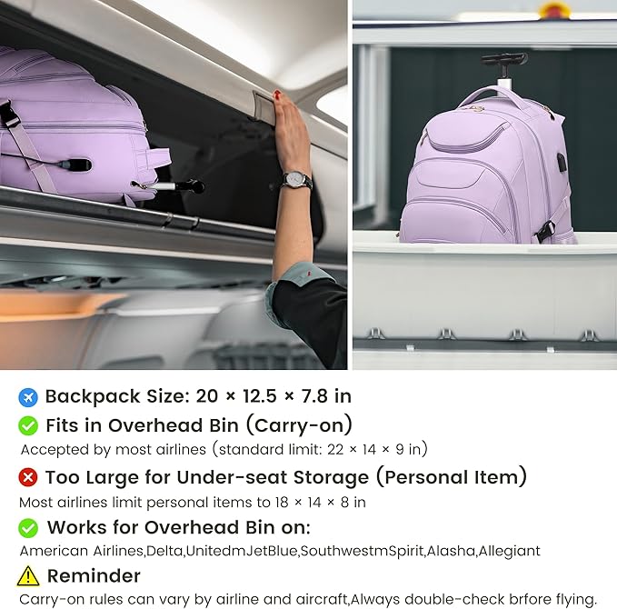 Boavan Rolling Backpack for Women, 17.3 Inch Wheeled Laptop Backpack,Large Travel CarryOn Bag for Teachers College Students, USB Charging Port Waterproof Business for Airplane Overnight Luggage，Purple
