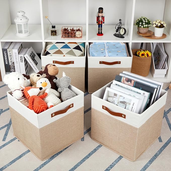 HNZIGE Fabric Baskets for Organizing 13x13 Storage Cubes, Set of 4 Fabric Foldable Canvas Storage Bins for Shelves, Cloth Storage Bins for Cube Organizers Toy Nursery Closet Bedroom?Beige&White?