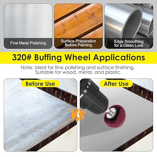 HighFree 7 PCS Non Woven Abrasive Buffing Polishing Wheels Drill Attachment Set - Scouring Pads Wheel with 1/4" Shank for Stainless Steel Copper Aluminum Wood-Wares (320 Grit Red)